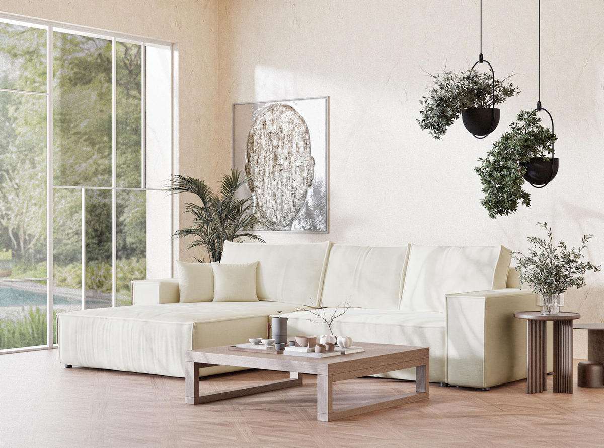 ECKSOFA Maze Creme Chenille-Stoff - Links Seite - Creme/Schwarz, Holz/Holzwerkstoff (185/294cm) - Maison de Reve