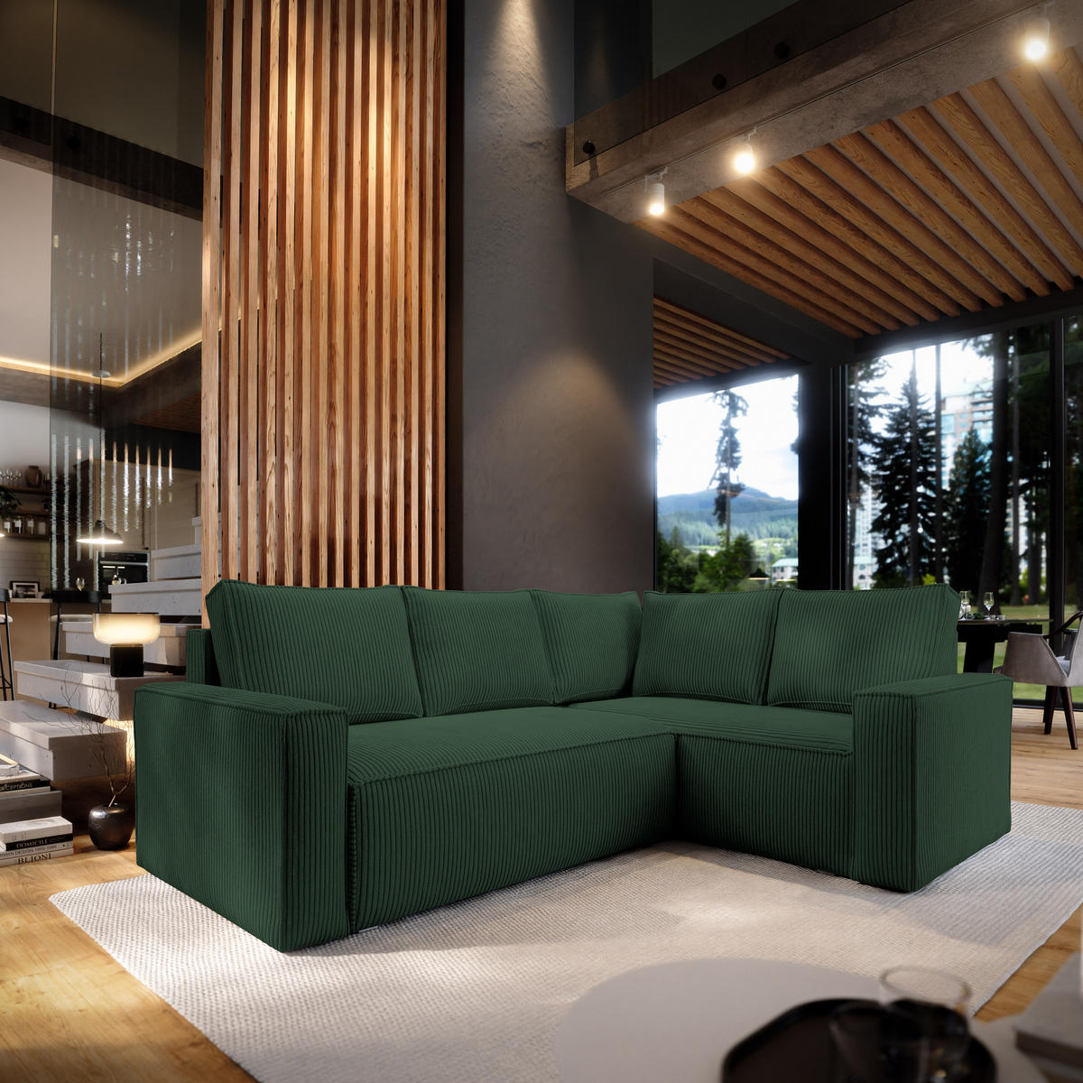 ECKSOFA ESTANO R-S Grün Kordstoff mit Schlaffunktion - Grün, Holz (230/158cm) - MASSENO