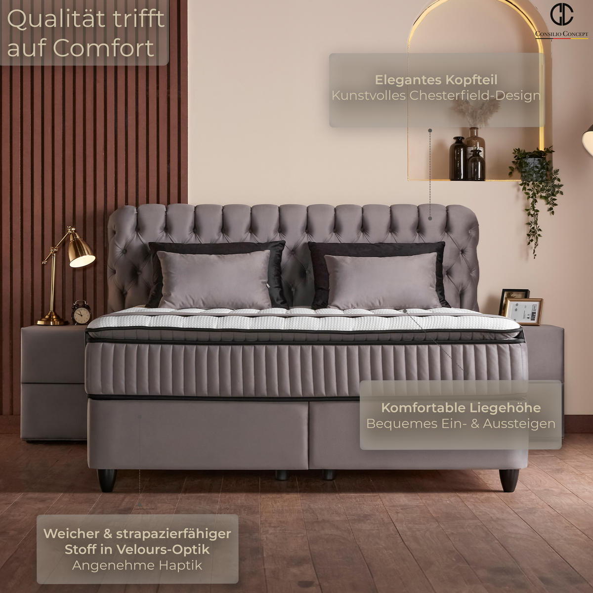 BOXSPRINGBETT MIT BETTKASTEN SIENA 140/200 cm, Grau, Bettkasten, Matratze, Topper integriert, H3 mittel, 7-Zonen Matratze - Schwarz/Grau, Holz/Kunststoff (140/200cm) - Consilio Concept