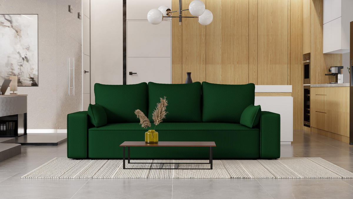 SOFA Vens mit Bettkasten und Schlaffunktion, Cordstoff - Grün, Holzwerkstoff (242/85/95cm)