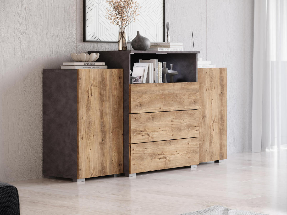 SIDEBOARD Urban III - weißer LED Beleuchtung - Alufarben/Braun, Holzwerkstoff/Kunststoff (150/81/39cm) - MIRJAN24