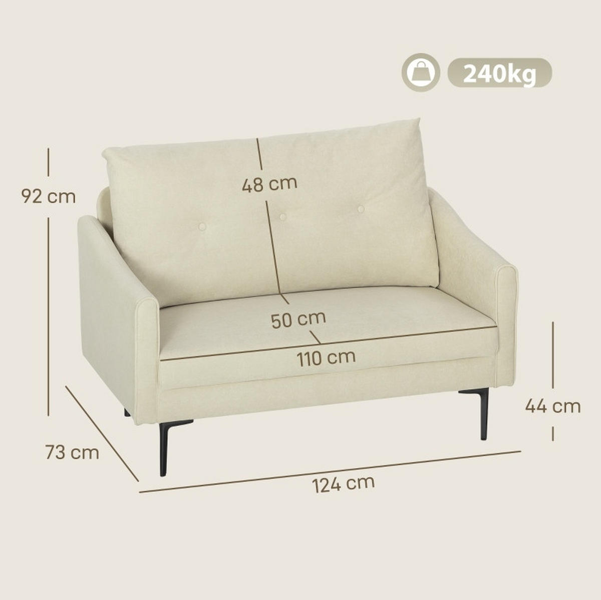 DVOUMÍSTNÁ pohovka 124/73/92 cm krémově bílá z kovu s měkkým polstrováním - krémová, kov (73/92/124cm) - OKWISH