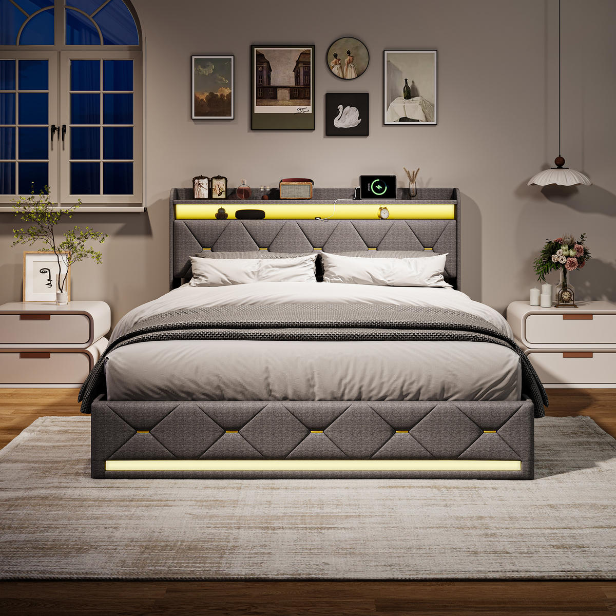 POLSTERBETT 140x200 cm Grau, Doppelbett mit Bettkasten, RGB-LED und USB - Grau, Holz (140/200cm) - PARAFTA HOME