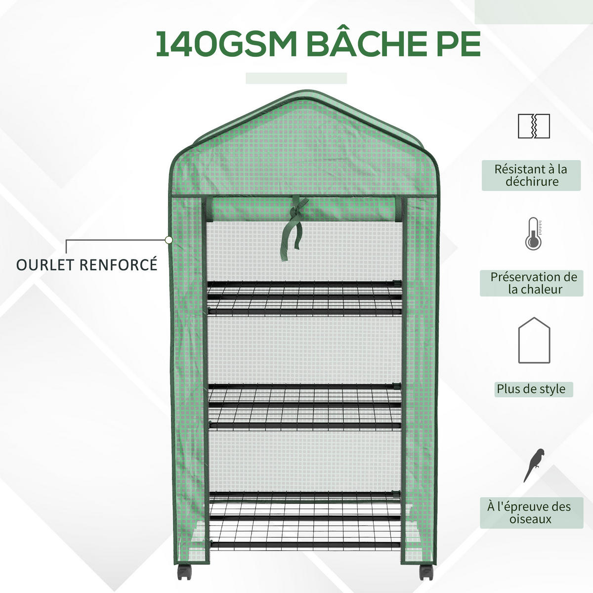 GEWÄCHSHAUS DE-11963 3 Etagen mit Rollen Transparent - Grün, Kunststoff (49/130/69cm) - ComfortXL