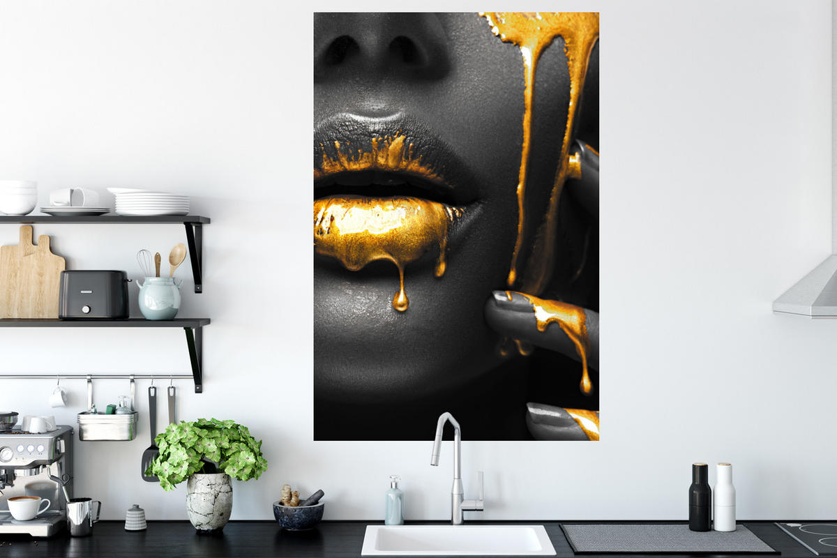 WANDTATTOO Frau - Schwarz - Gold - Gesicht - Lippen 80x120 cm - Goldfarben, Kunststoff (80/120/0.1cm) - MuchoWow