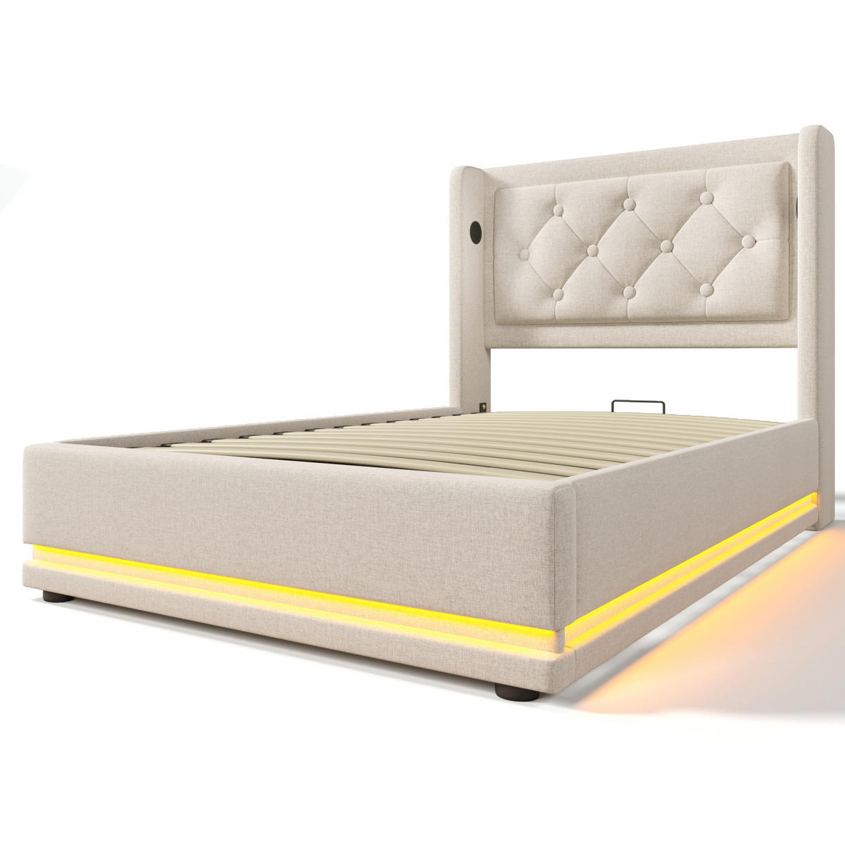 POLSTERBETT 90/200 cm Beige mit hydraulischem Stauraum und USB-Typ-C-Anschluss - Beige, Textil (90/200cm) - OKWISH