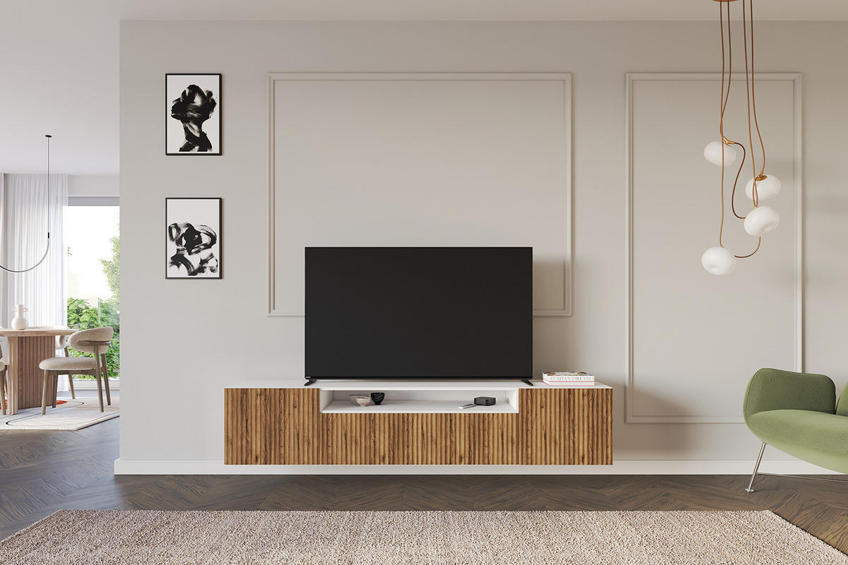 LOWBOARD NOA-2-W 200x40x41 cm - Weiß / Katania - Eiche Wotan, Holzwerkstoff (200/40/41cm) - ALTDECOR