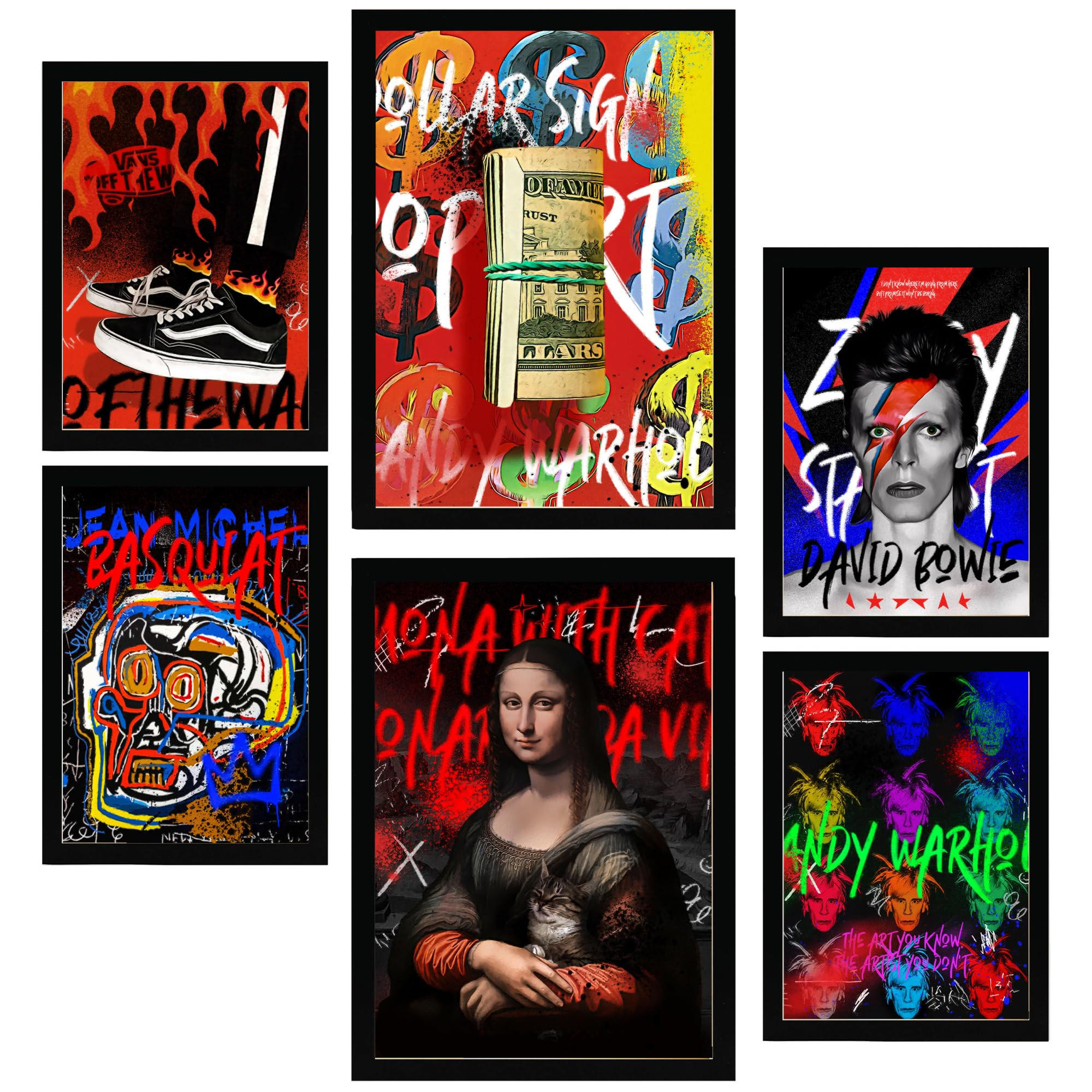 POSTER Set Mit 6 Grafiti Pop Mona Lisa Warhol Bowie Basquiat A3 & A4 Schwarzer Rahmen - Schwarz, Papier (29/3cm) - Nacnic