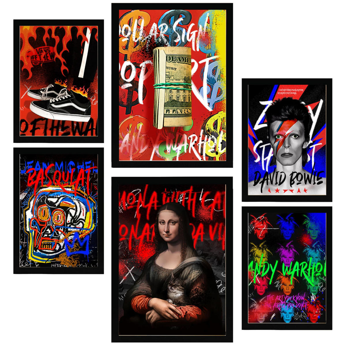 POSTER Set Mit 6 Grafiti Pop Mona Lisa Warhol Bowie Basquiat A3 & A4 Schwarzer Rahmen - Schwarz, Papier (29/3cm) - Nacnic