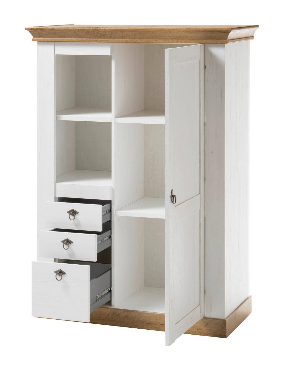 HIGHBOARD weiß Pinie, Eiche, Landhaus Kommode 100 x 140 cm - Silberfarben/Eiche Wotan, Holzwerkstoff/Metall (102/139/44cm) - Furn.Design