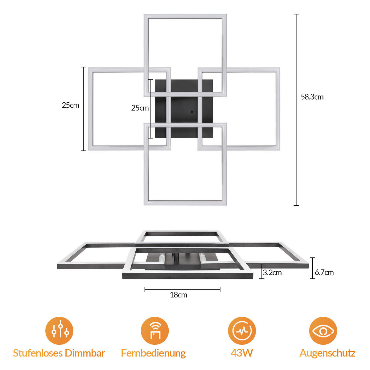 LED DECKENLEUCHTE Sylvex 58/58/6.7 cm - Schwarz, Kunststoff (58/58/6.7cm) - ZMH