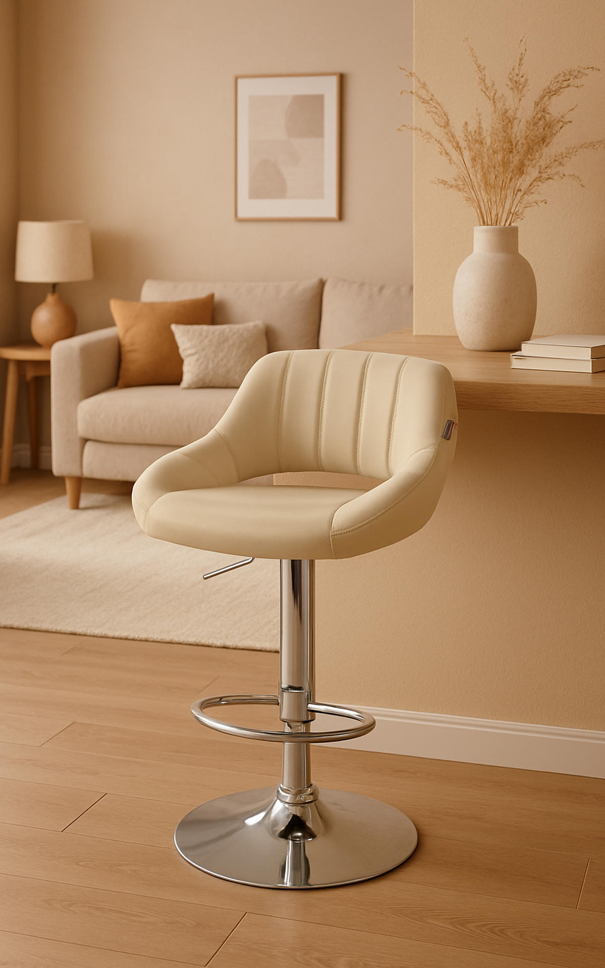 BARHOCKER Milos Kunstleder chrom creme - Chromfarben/Naturfarben, Kunststoff/Metall (47/106/48cm) - TPFLiving