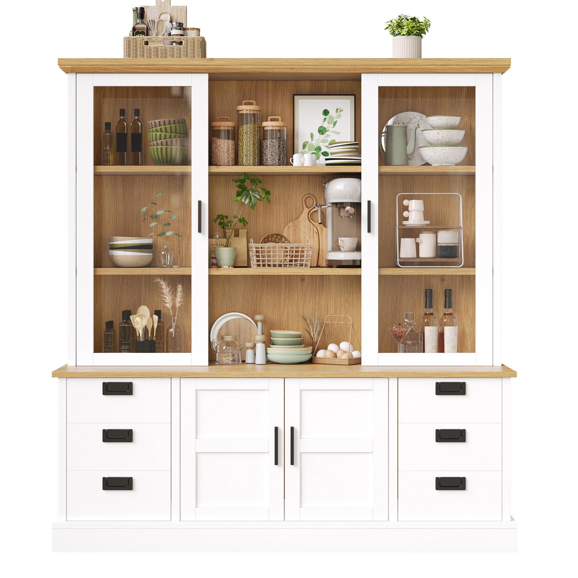 KÜCHENSCHRANK 140x185Cm 6 Schubladen Glastüren - Weiß, Holzwerkstoff (140/185/40cm) - FLIEKS