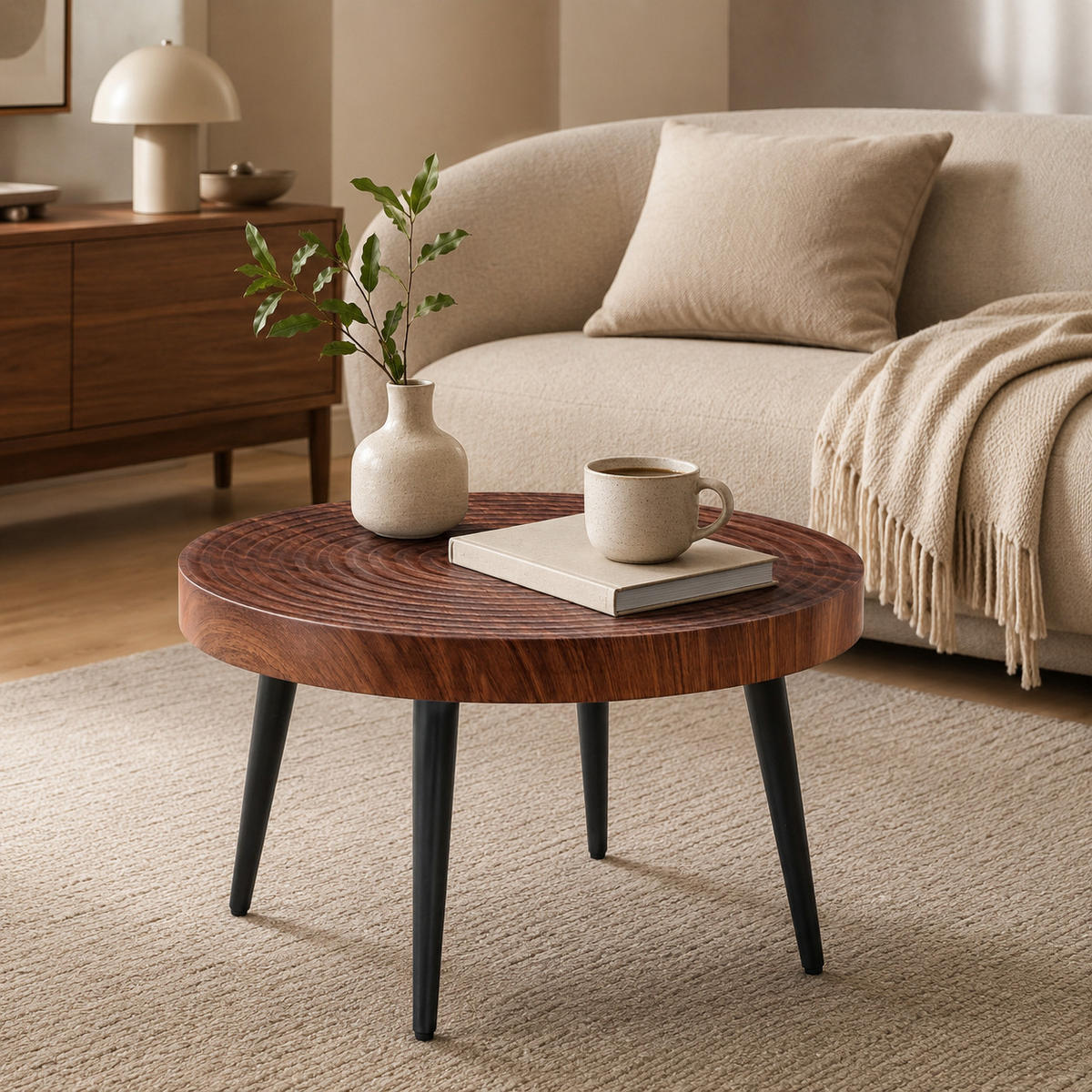 COUCHTISCH DE-37427 rund mit Jahresring-Optik Dunkelholz - Walnussfarben, Holz (60/60/37cm) - ComfortXL