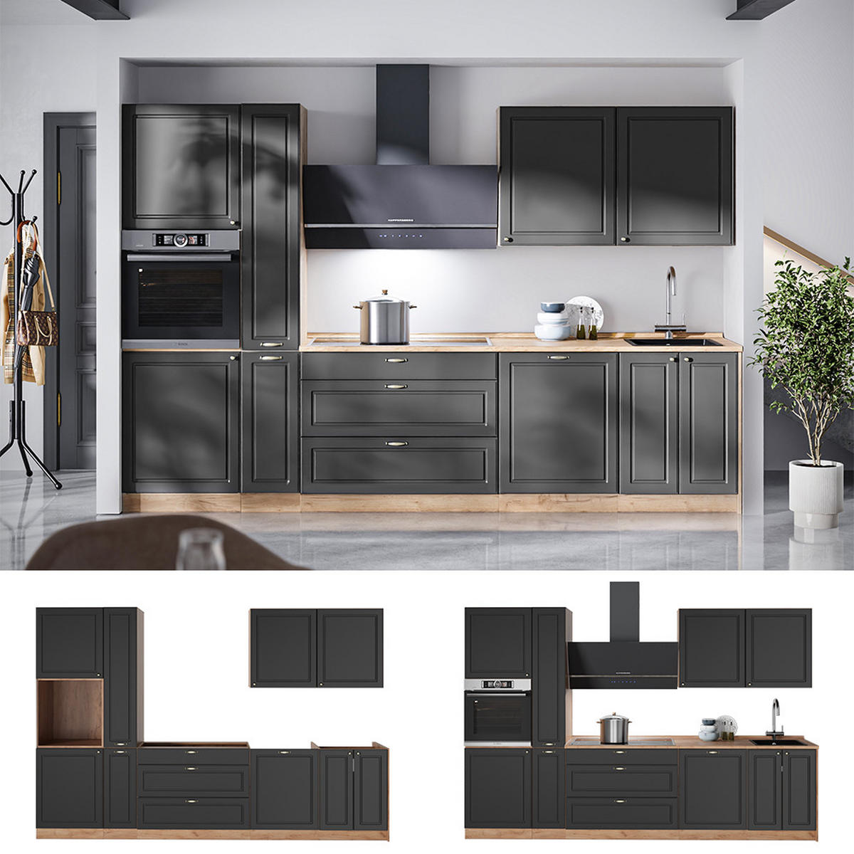 KÜCHENZEILE Fame-Line, Anthrazit-Gold Landhaus/Goldkraft Eiche, 310 cm ohne Arbeitsplatte - Honigeiche/Anthrazit, Holzwerkstoff (310/206.8/51.6cm) - Vicco