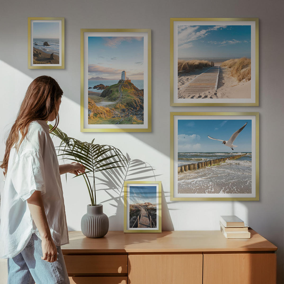 WANDBILDER 5er Set - 50x50 cm & 20x30 cm & 40x60 cm Goldrahmen - Palmen am Meer, blaues Wasser - Goldfarben, Kunststoff (40/60cm) - ArtPrintCave