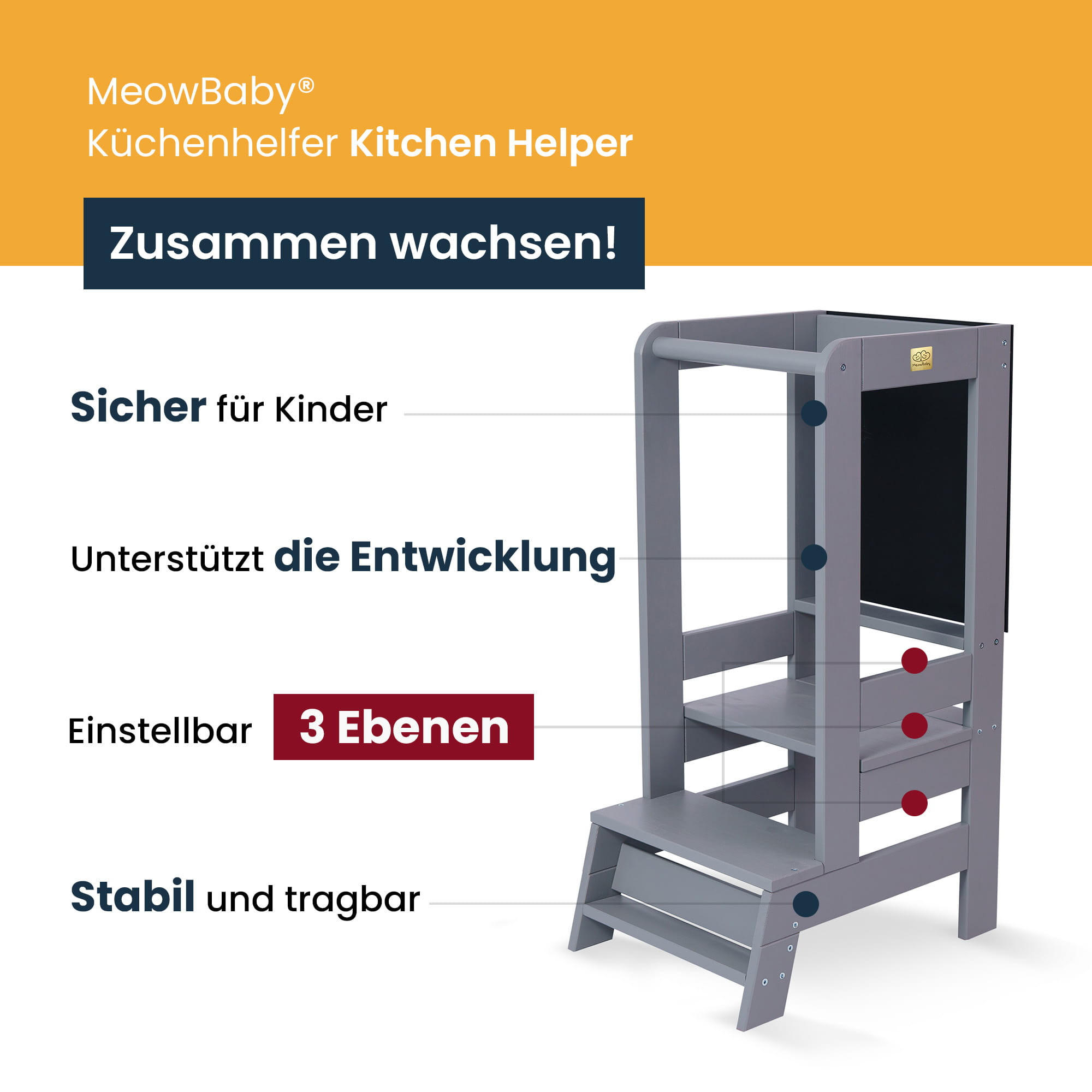 LERNTURM mit Tafel für Kinder, Natur Holz, Grau - Grau, Holz (39/90/90cm) - MeowBaby