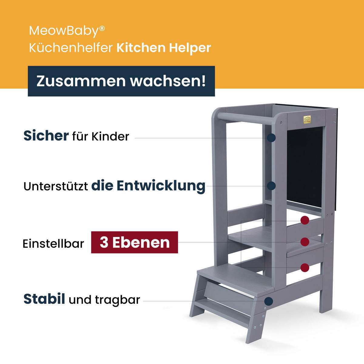 LERNTURM mit Tafel für Kinder, Natur Holz, Schwarz-Natur - Schwarz/Naturfarben, Holz (39/90/90cm) - MeowBaby