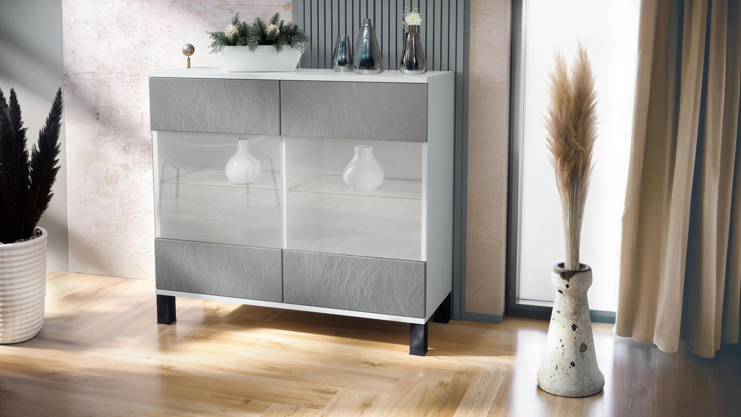 KOMMODE Bari Scratchy Metal - Silberfarben, Holzwerkstoff (92.5/84.5/35cm) - Vladon