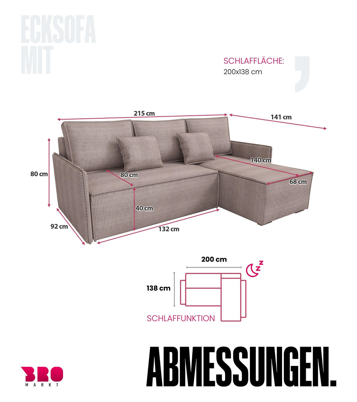 ECKSOFA Atlantic mit Schlaffunktion Puderrosa Cord - Rosa, Textil (238/141cm) - Bromarkt