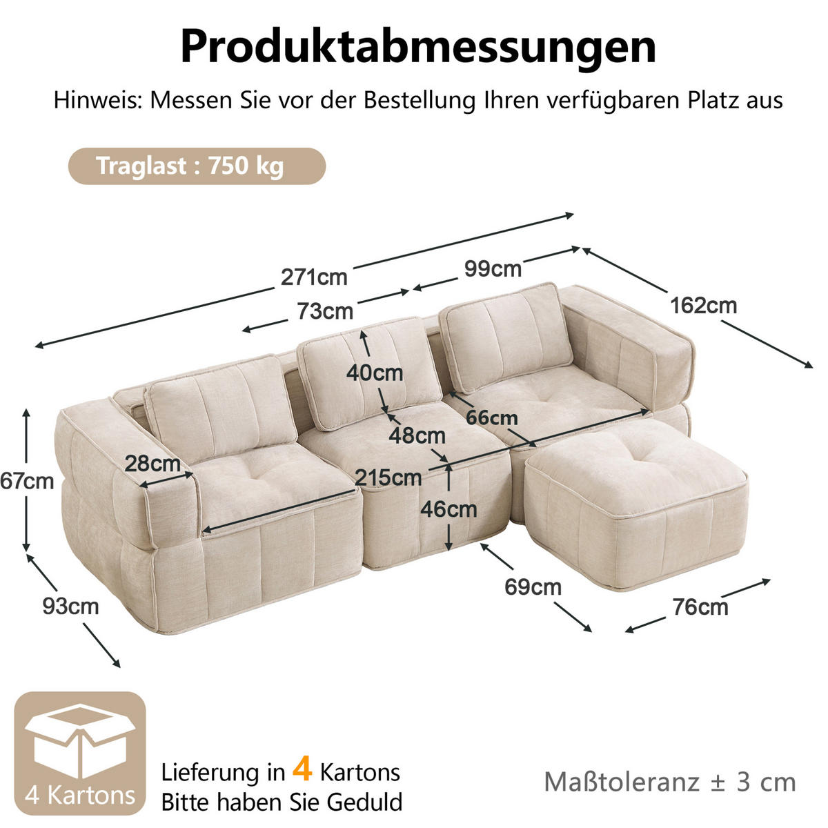 ECKSOFA 271/162/67 cm in Beige aus Polyester, modular und rahmenlos - Beige, Kunststoff (162/271cm) - Flora Grace