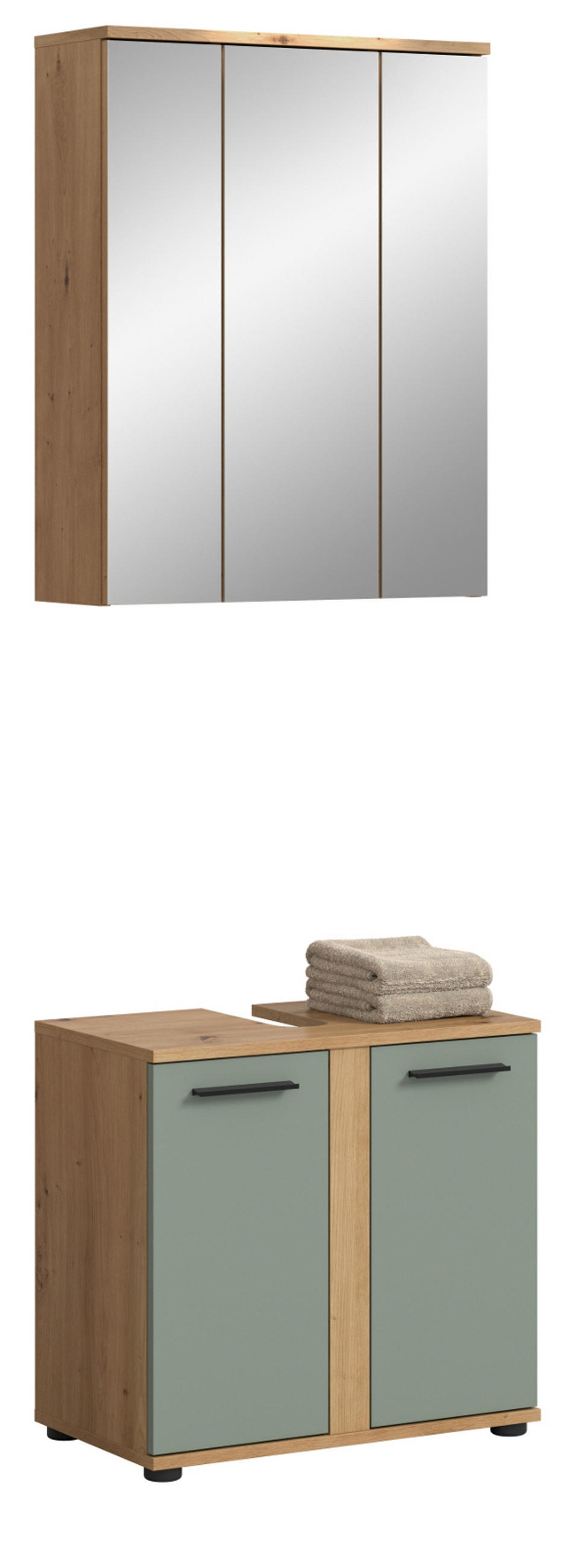 BADMÖBEL-SET Salbei grün, Eiche Artisan 60 cm 2-teilig, Badezimmerschränke in modernem Stil - Salbeigrün/Schwarz, Glas/Holzwerkstoff (60/191/34cm) - Inn.Furn