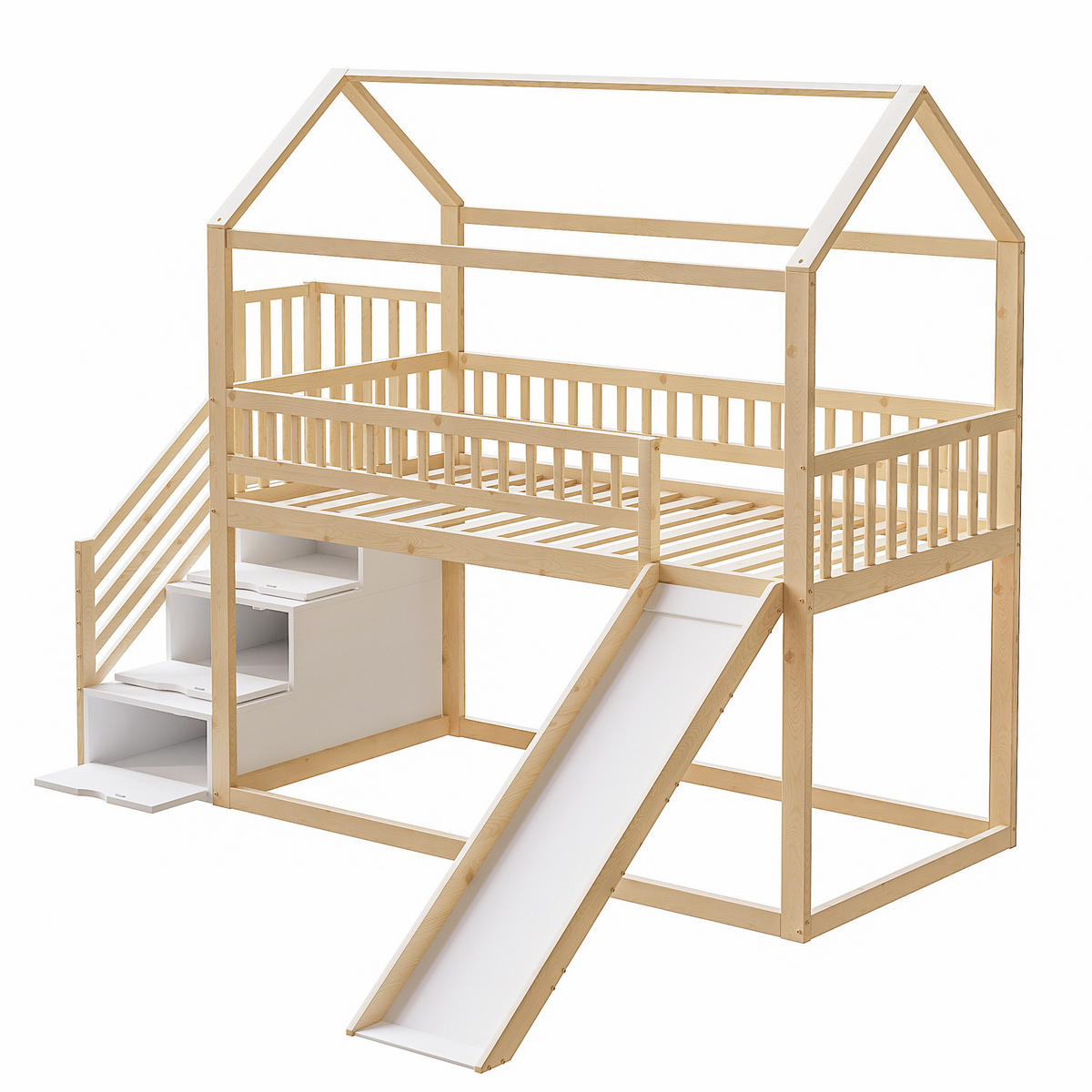 HOCHBETT Holzfarben 90×200 cm für Kinder mit Rutsche und Stauraumleiter, Massivholzrahmen - Naturfarben, Holz (90/200cm) - Luhomfu