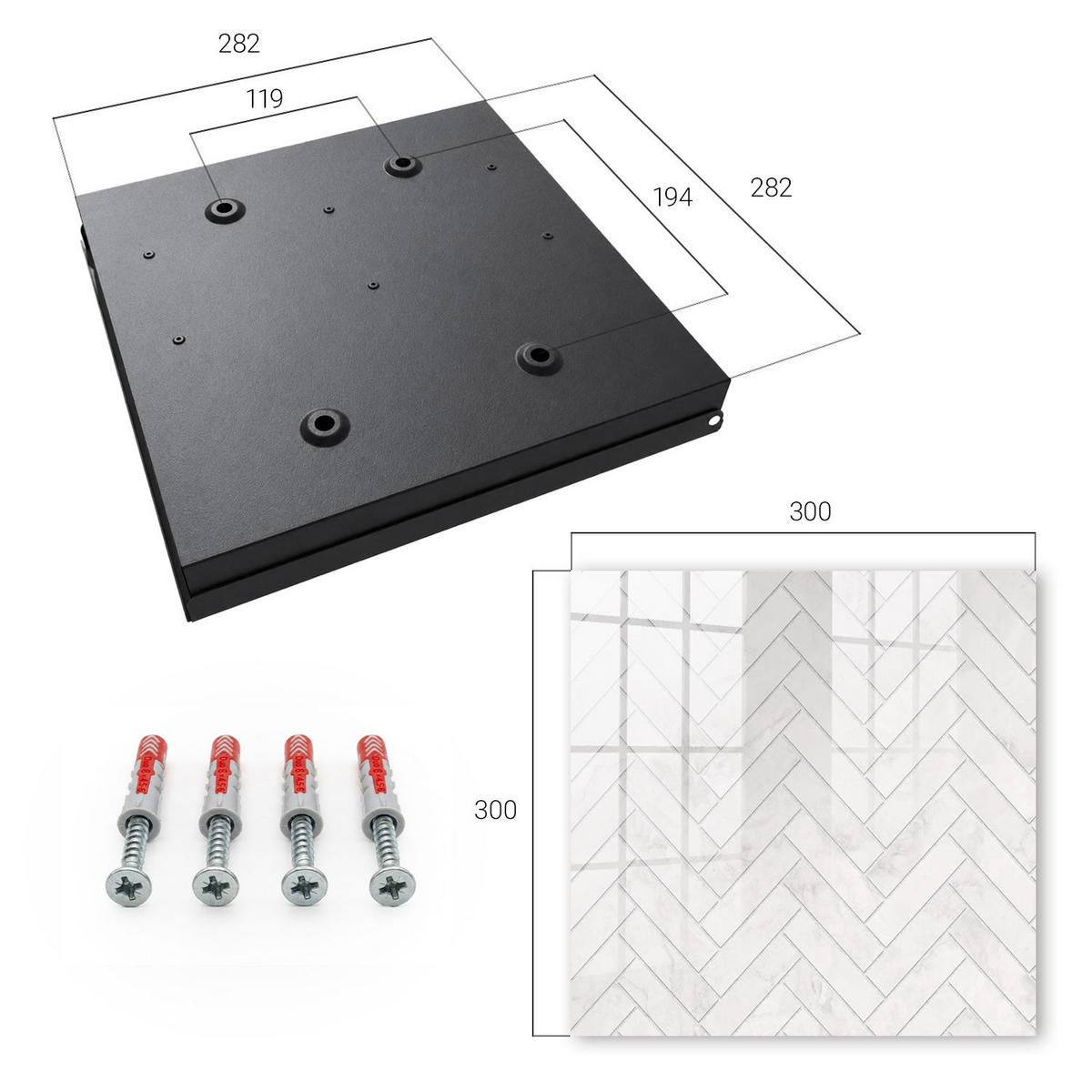 SCHLÜSSELBOX Schwarz 30x30 cm- Türöffnung nach rechts - Marmor-Fischgrätmuster - Weiß, Metall (30/30/5cm) - TULUP