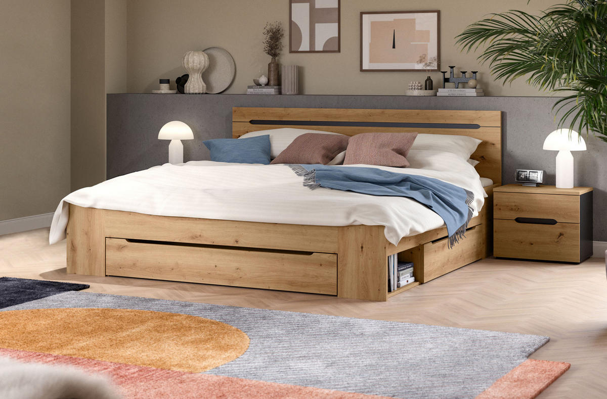 SCHLAFZIMMER Eiche Artisan, grau 3-teilig, Komplettset mit Bett 180 x 200 cm - Eiche Artisan/Grau, Holzwerkstoff/Metall - Inn.Furn