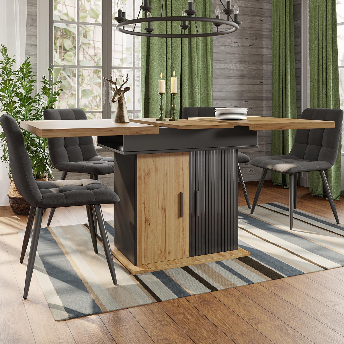 ESSTISCH 110-140x80x75 cm in Natur und Schwarz aus MDF mit Stauraum ausziehbar - Naturfarben, Holzwerkstoff (140/80/75cm) - Modfu