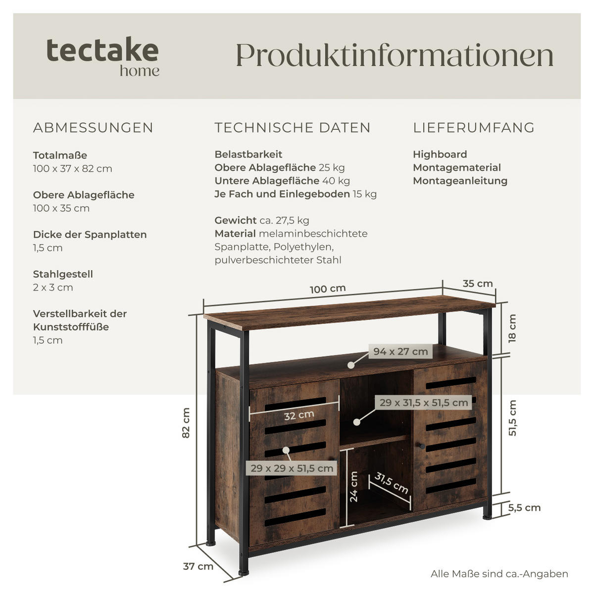 SIDEBOARD Warrington,mit höhenverstellbaren Kunststofffüßen, 100 x 37 x 82 cm,Industrial Holz dunkel, rustikal - Rostfarben, Holzwerkstoff (37/82/100cm) - tectake