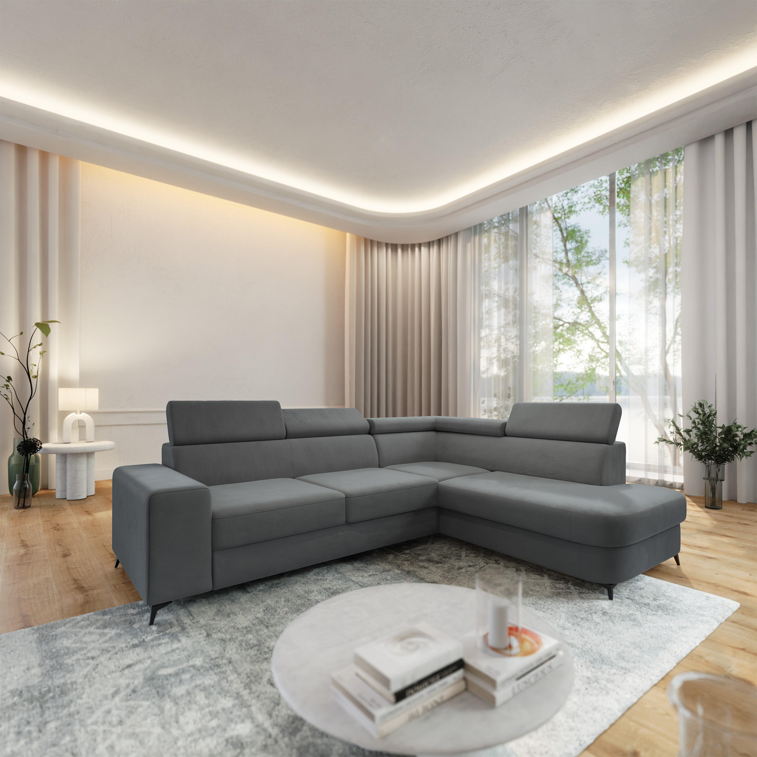 ECKSOFA ALVORO R-S Grau Velours-Stoff mit Schlaffunktion - Grau, Holz (253/190cm) - MASSENO