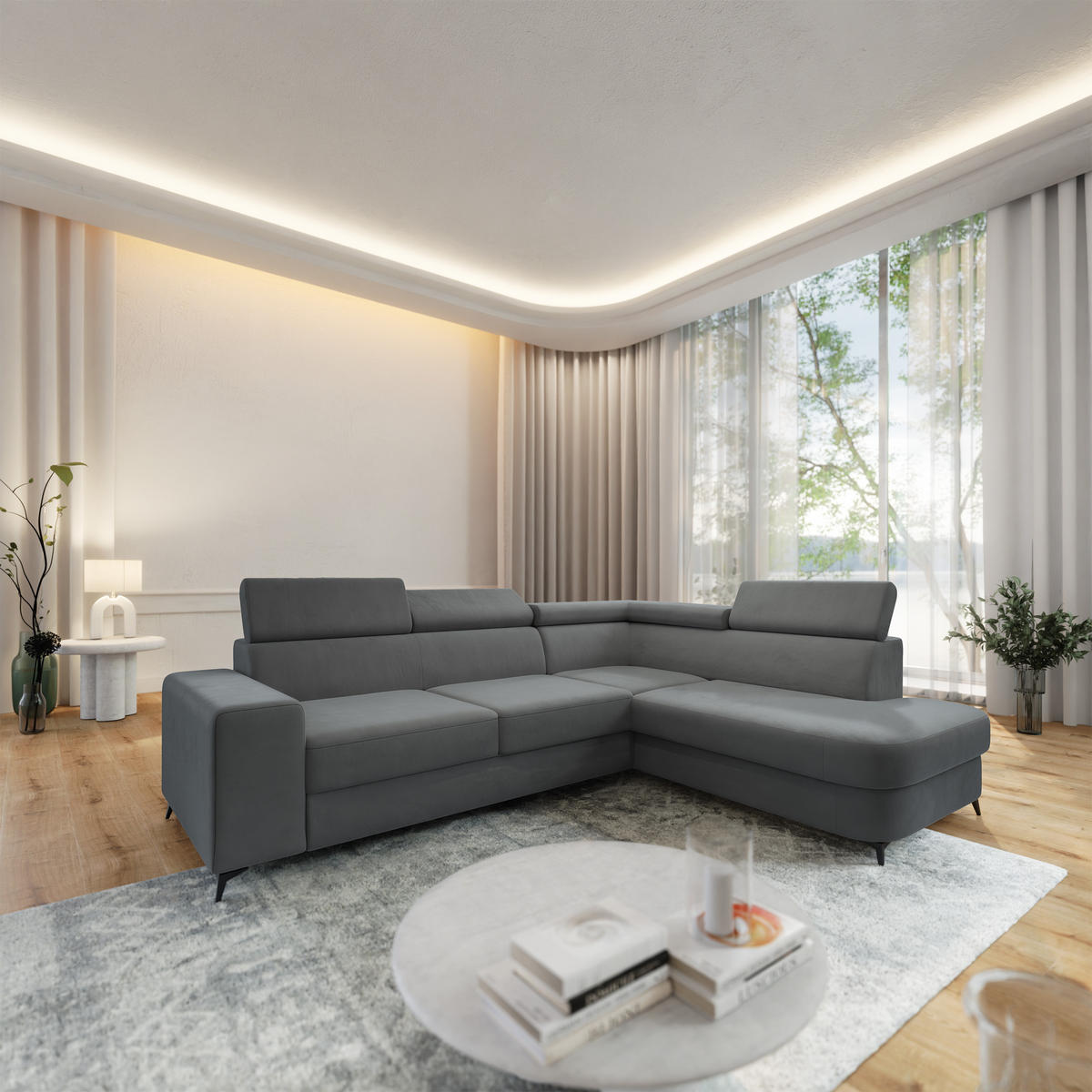 ECKSOFA ALVORO R-S Grau Velours-Stoff mit Schlaffunktion - Grau, Holz (253/190cm) - MASSENO