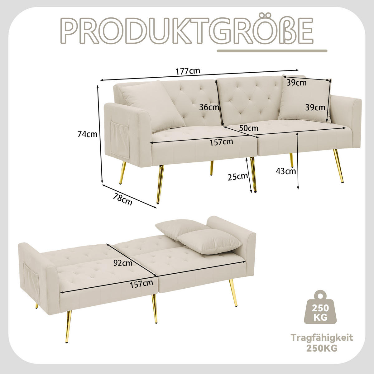 SCHLAFSOFA 177/78/74 cm in Beige Samt mit Aufbewahrungstasche - Beige, Textil (78/74/177cm) - Oxeza