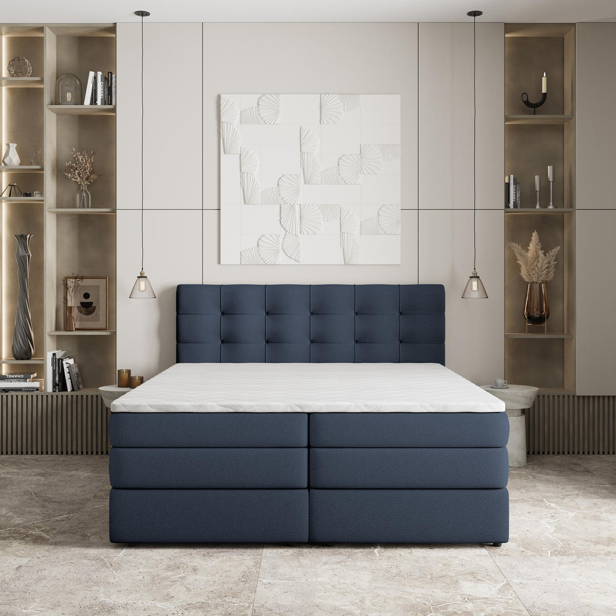 BOXSPRINGBETT AREZI 140x200 cm mit Matratze und Topper - Blau - Blau, Holz (140/200cm) - MASSENO