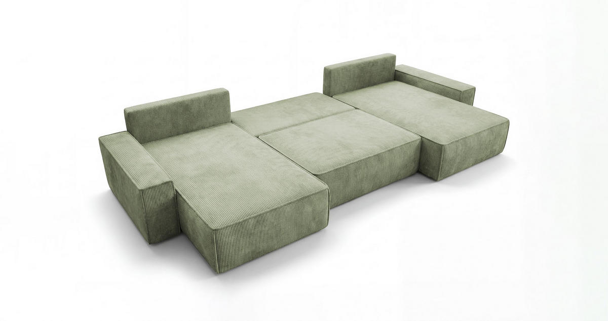 ECKSOFA CALIFORNIA U-Form hellgrün Cord POSO 47 - Schlaffunktion, Bettkasten - Hellgrün, Textil (385/185cm) - Cornero