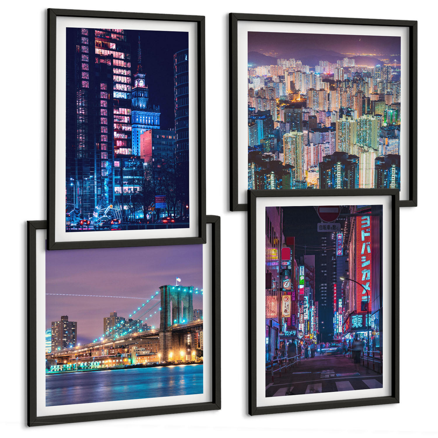 BILDER SET 4er Set - 50x50 cm & 40x60 cm Schwarzer Rahmen - Nachtstädte mit Neonlichtern - Schwarz, Kunststoff (50/50cm) - TULUP
