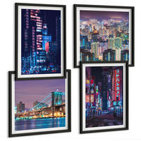 BILDER SET 4er Set - 50x50 cm & 40x60 cm Schwarzer Rahmen - Nachtstädte mit Neonlichtern - Schwarz, Kunststoff (50/50cm) - TULUP