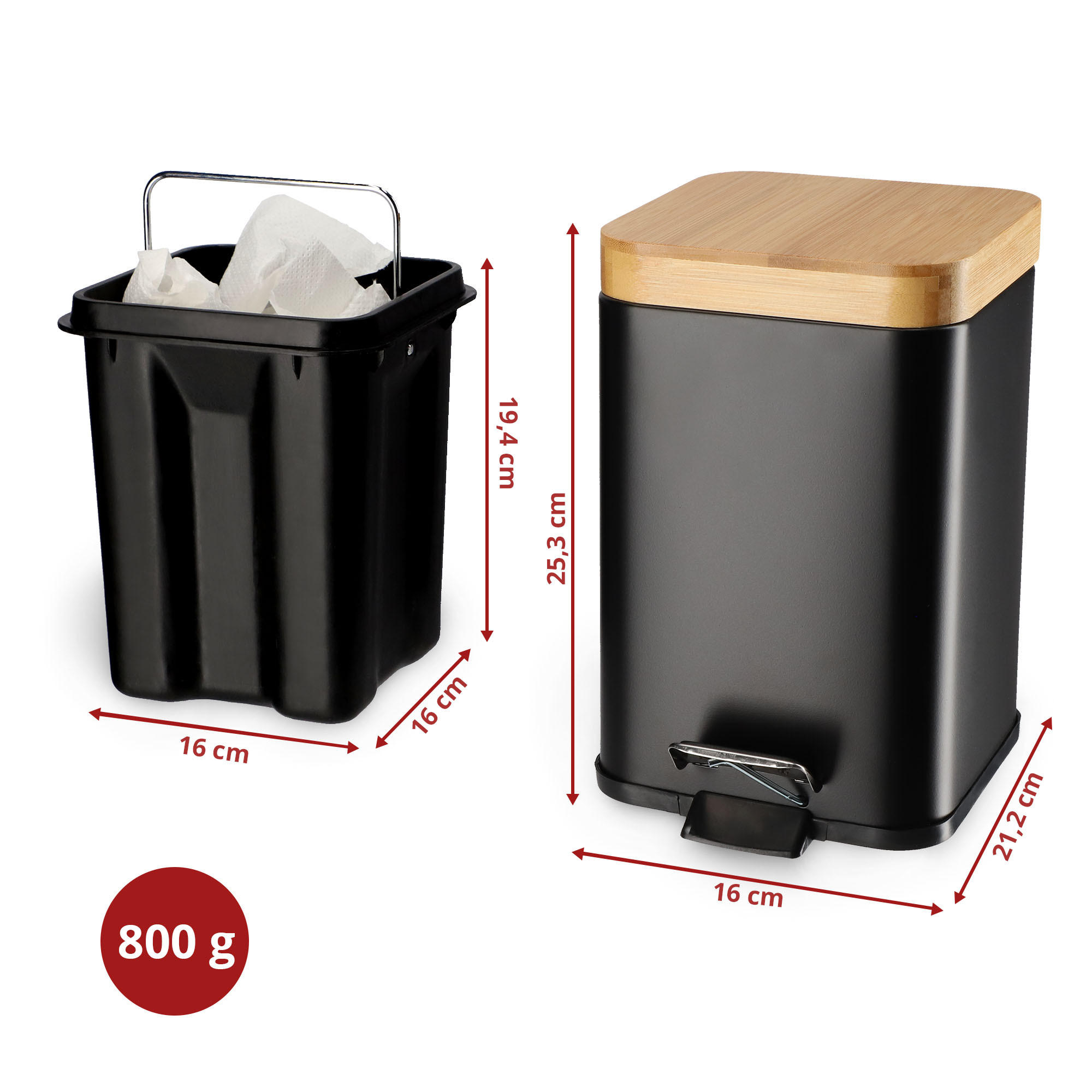 PAPIERKORB mit Bambusdeckel 3L, schwarz - Schwarz, Metall (16/21cm) - KADAX