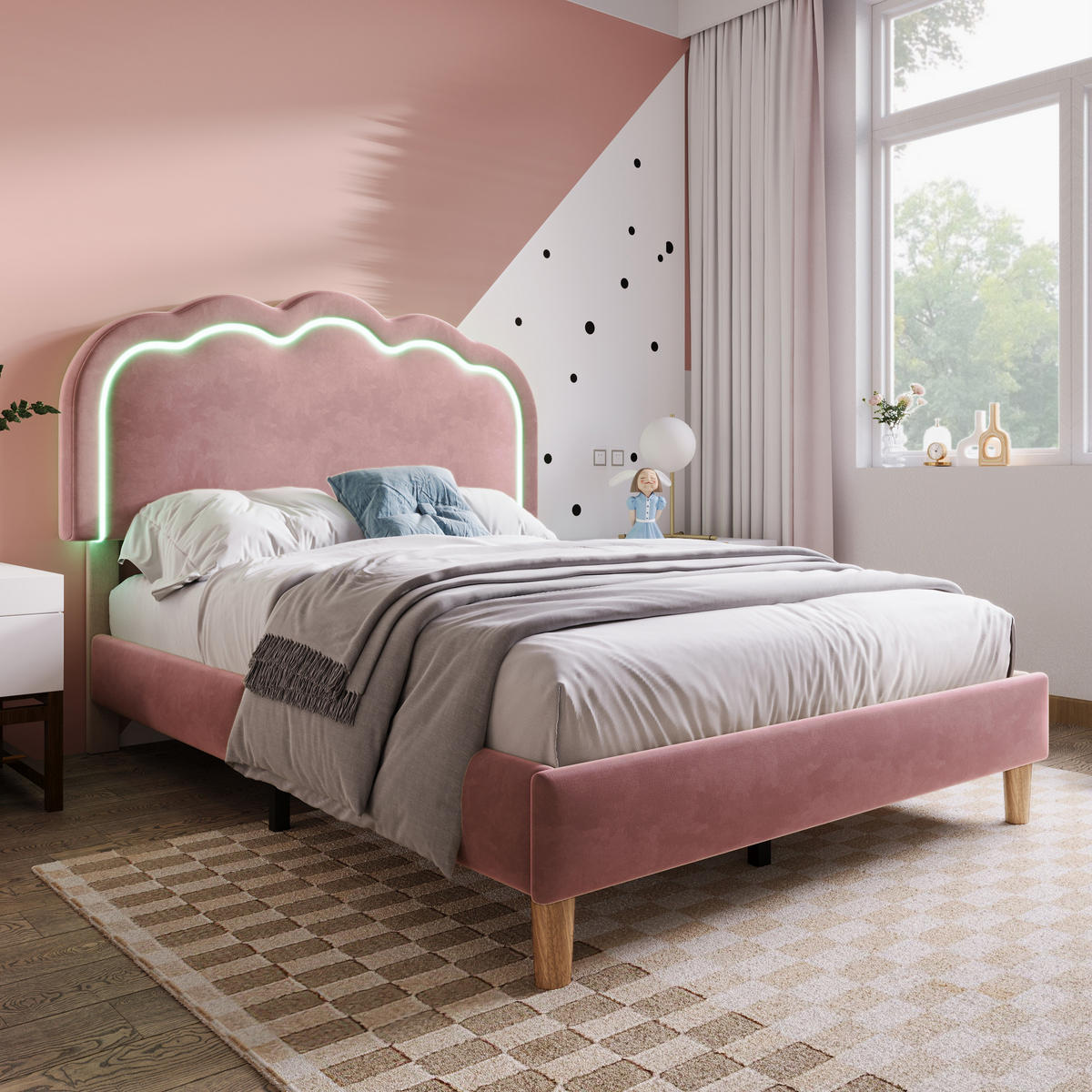 BETT mit LED-Kopfteil 90x200 cm Samt Pink - Pink, Metall (90/200cm) - Meubliv