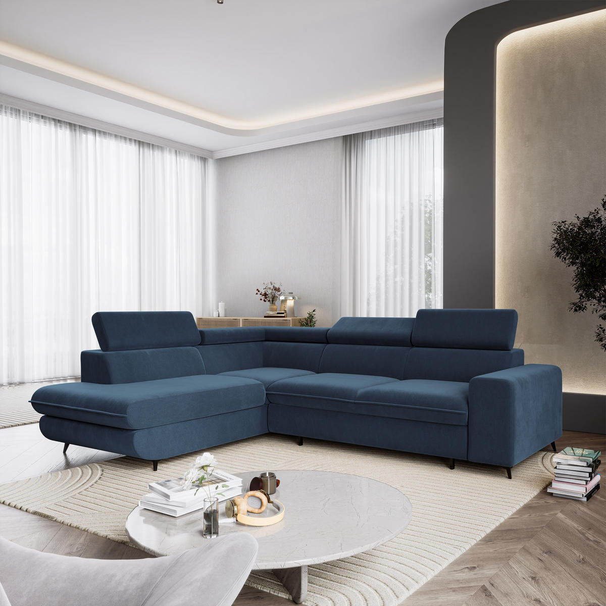 ECKSOFA VELISS Blau Veloursstoff mit Schlaffunktion - Blau, Holz (255/193cm) - MASSENO