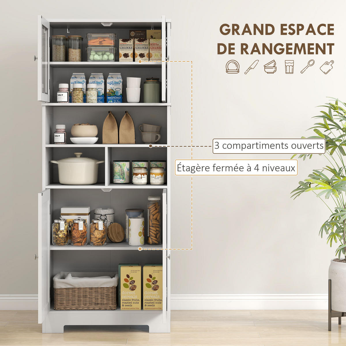 HIGHBOARD DE-11281 4 Glastüren & Nischen mit verstellbaren Böden Weiß - Weiß, Holzwerkstoff (30/145.5/60cm) - ComfortXL