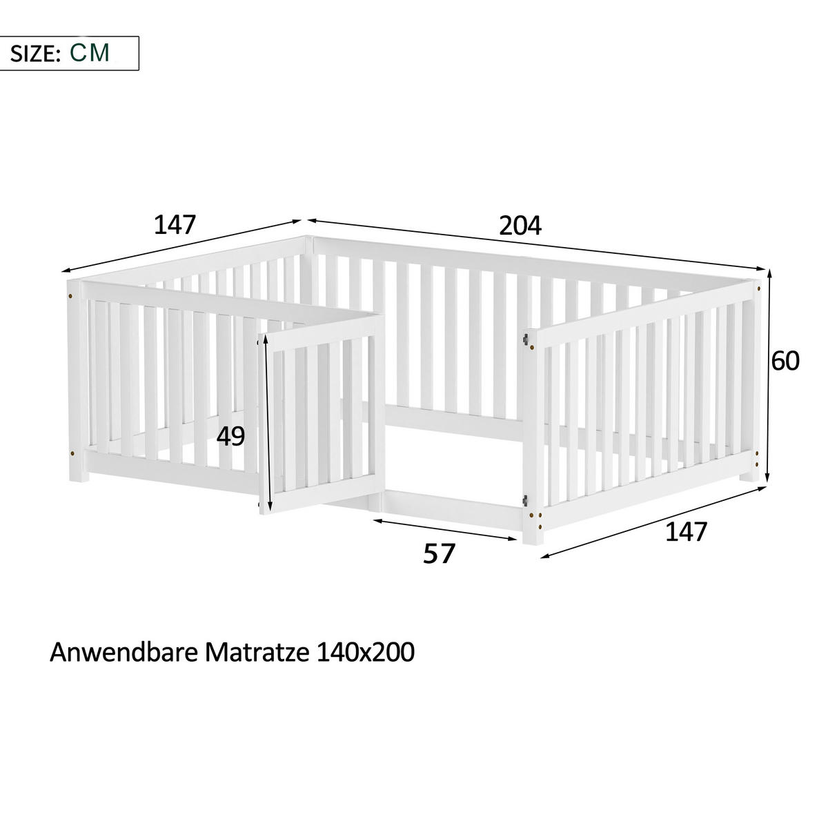 BODENBETT 140/200 cm Weiß mit Zaun und Tür aus Kiefernholz - Weiß, Holz (140/200cm) - OKWISH