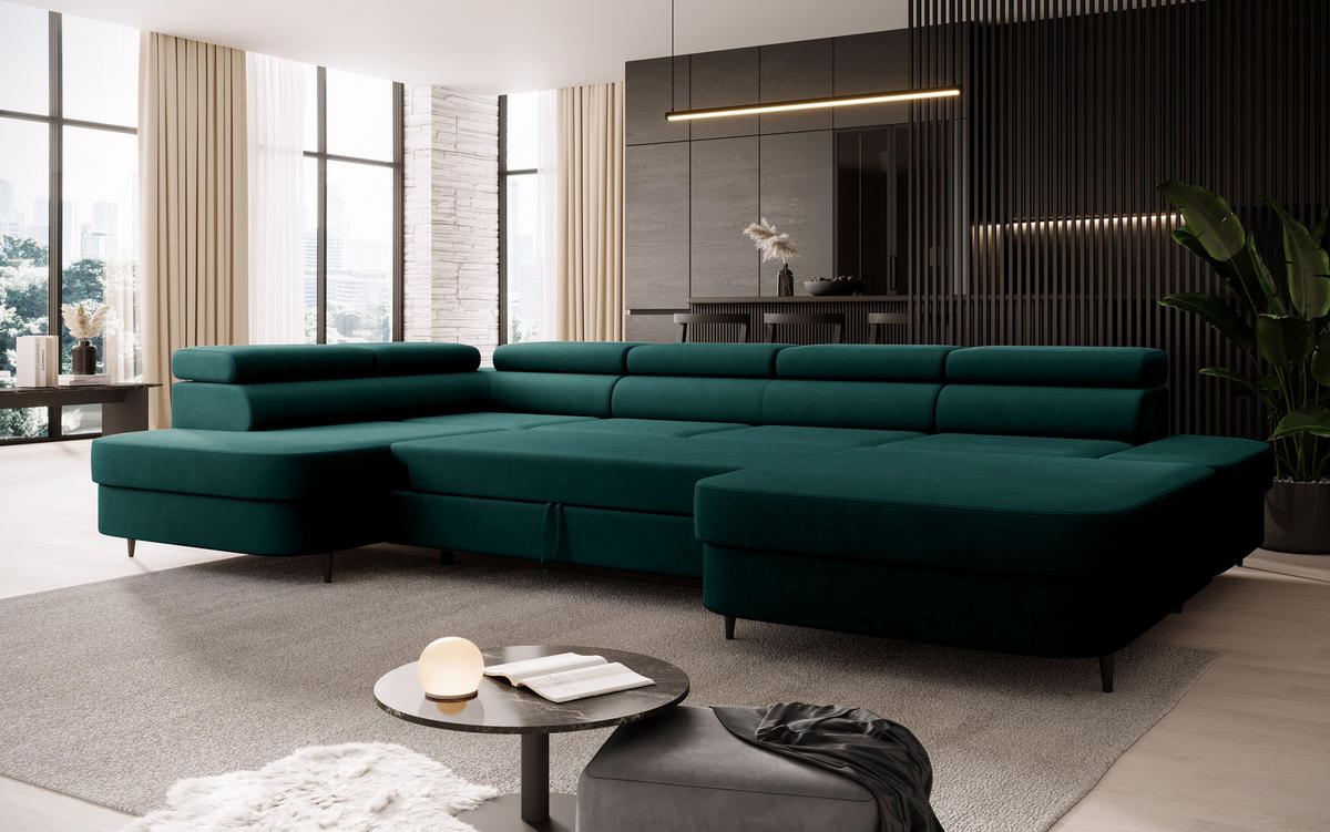 ECKSOFA U-Form PRIAM U Links mit Schlaffunktion 126x270 Velours Grün - Schwarz/Grün, Holz/Textil (350/91/203cm) - Muffo