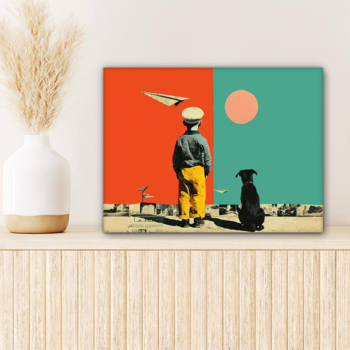 LEINWANDBILD Retro - Junge - Hund - Rot - Grün Wandbild 40x30 cm - Orange, Textil (40/30cm) - MuchoWow