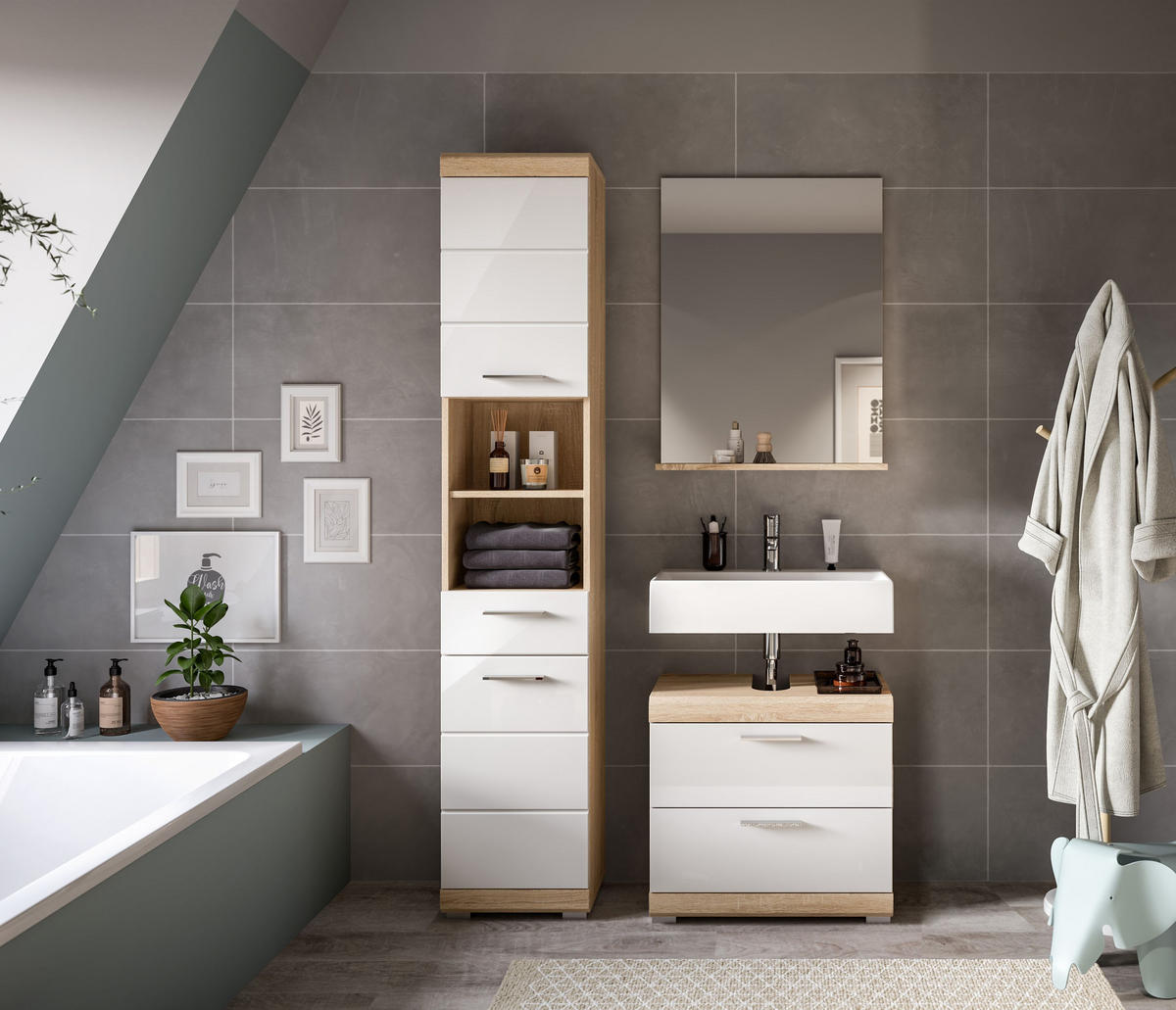 BADKOMBINATION 3tlg. Lambada Bad in Sonoma Eiche hell und weiß hochglanz B/H/T: 112x191x34 cm - Sonoma Eiche, Holz (112/191/37cm)