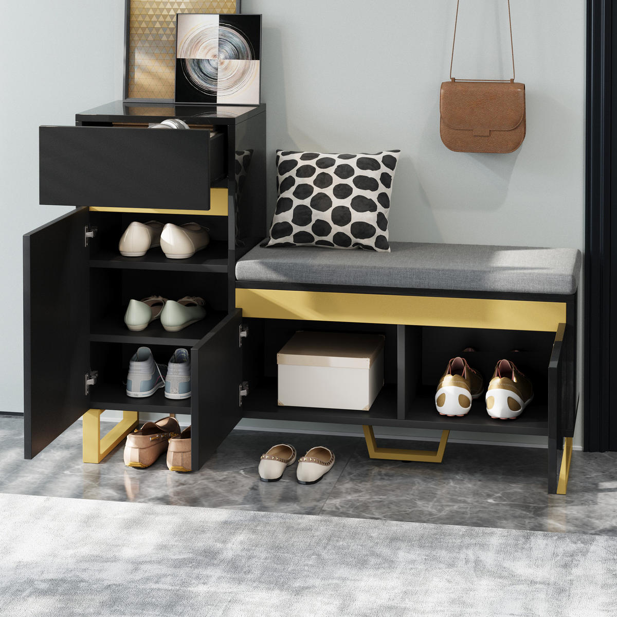 SCHUHSCHRANK aus MDF 120x35x85cm in Schwarz mit Sitzbank & Schublade - Schwarz, Holzwerkstoff (120/85/35cm) - Modfu