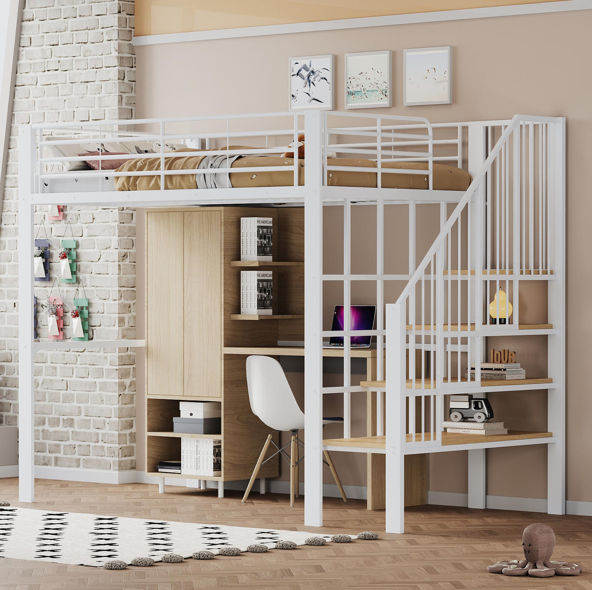 HOCHBETT 140/200 cm in Weiß aus Metall mit Treppe und Stauraum - Weiß, Metall (140/200cm) - Flora Grace