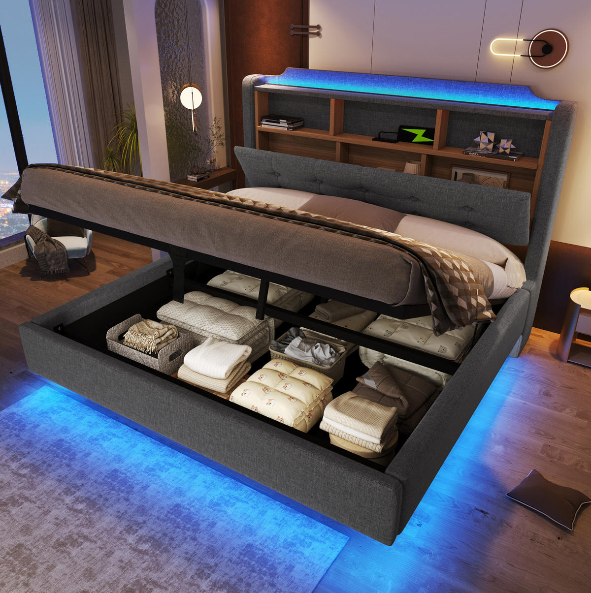 POLSTERBETT 140/200 cm Grau aus Leinen mit LED-Lichtleiste und Stauraum - Grau, Textil (140/200cm) - OKMYHOME