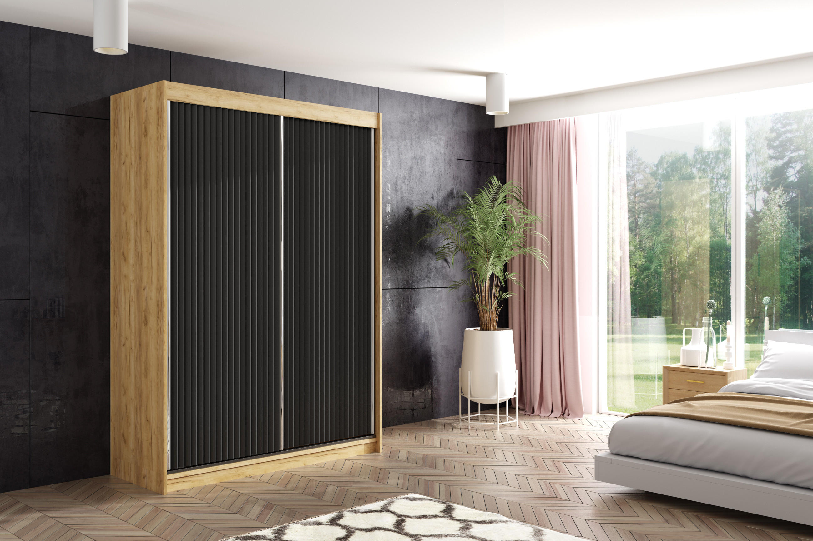 KLEIDERSCHRANK RYFLOX mit LED - 120 - Eichefarben|Schwarz - Eichefarben/Schwarz, Holzwerkstoff (120/215/61cm) - ALTDECOR